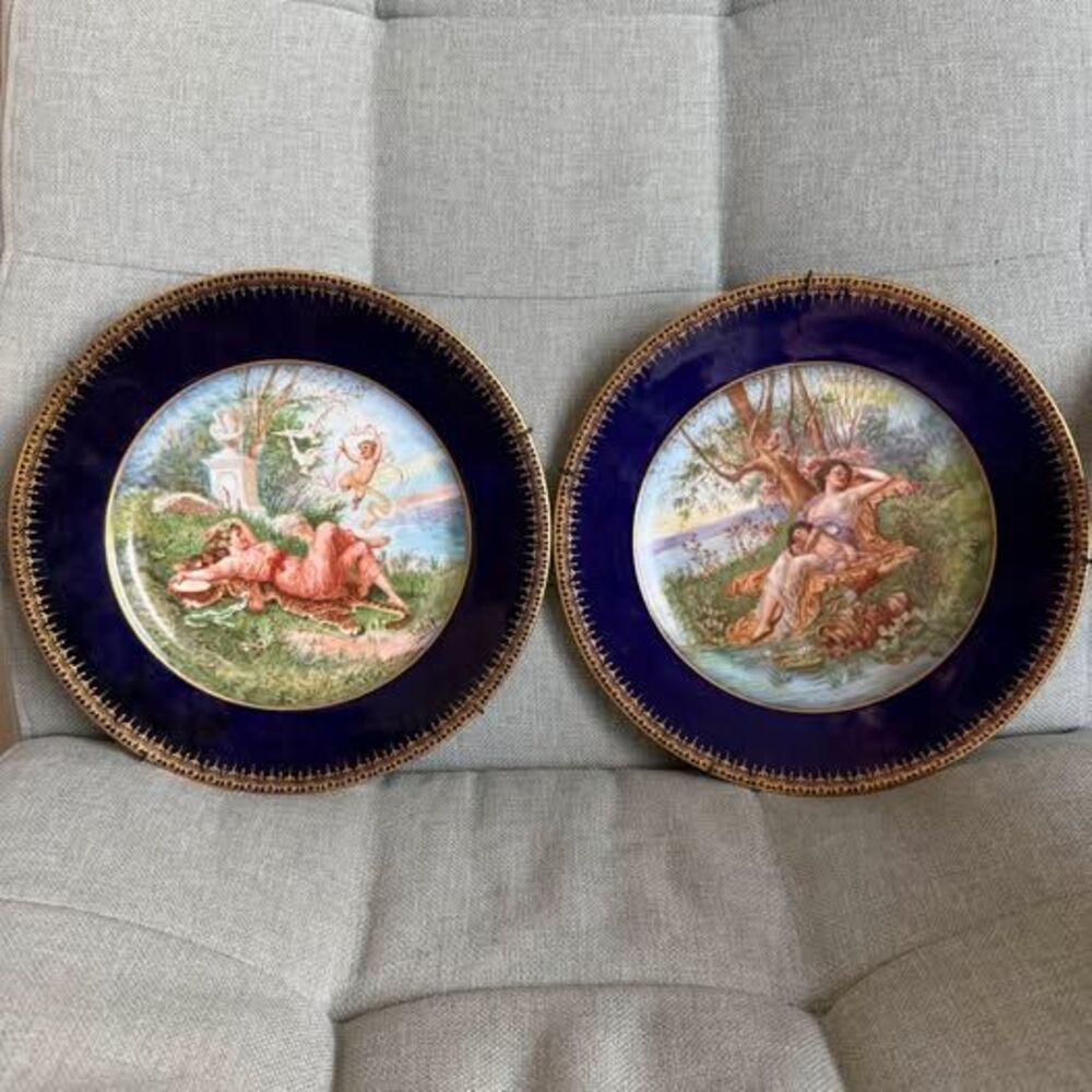 Pair of Antique French Limoges Cobalt & Gold Cabinet Plates Mythological Scenes